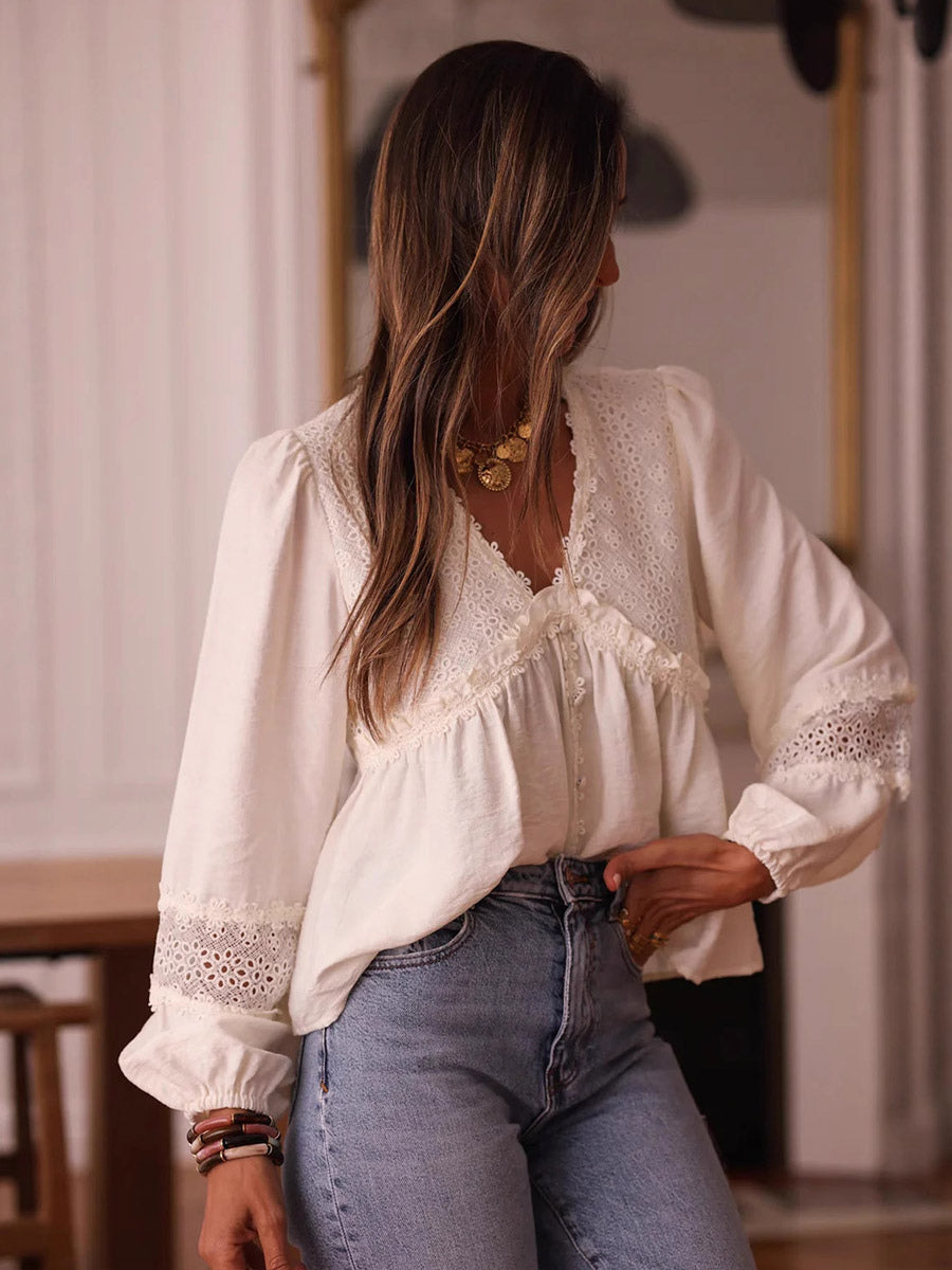Blouse For Women White V-Neck Casual Embroidered Cut Out Long Sleeves Tops