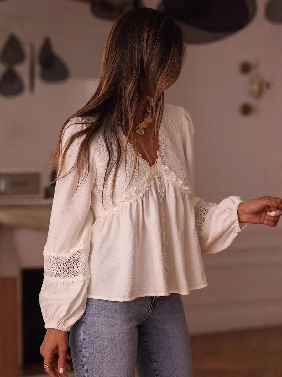 Blouse For Women White V-Neck Casual Embroidered Cut Out Long Sleeves Tops