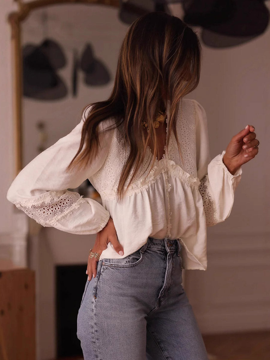 Blouse For Women White V-Neck Casual Embroidered Cut Out Long Sleeves Tops