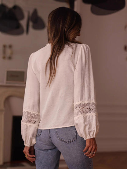 Blouse For Women White V-Neck Casual Embroidered Cut Out Long Sleeves Tops