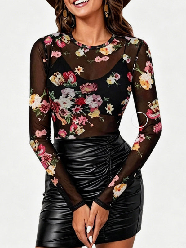 Long Sleeves Tees Leopard Floral Print Leopard Print Jewel Neck Women T Shirt
