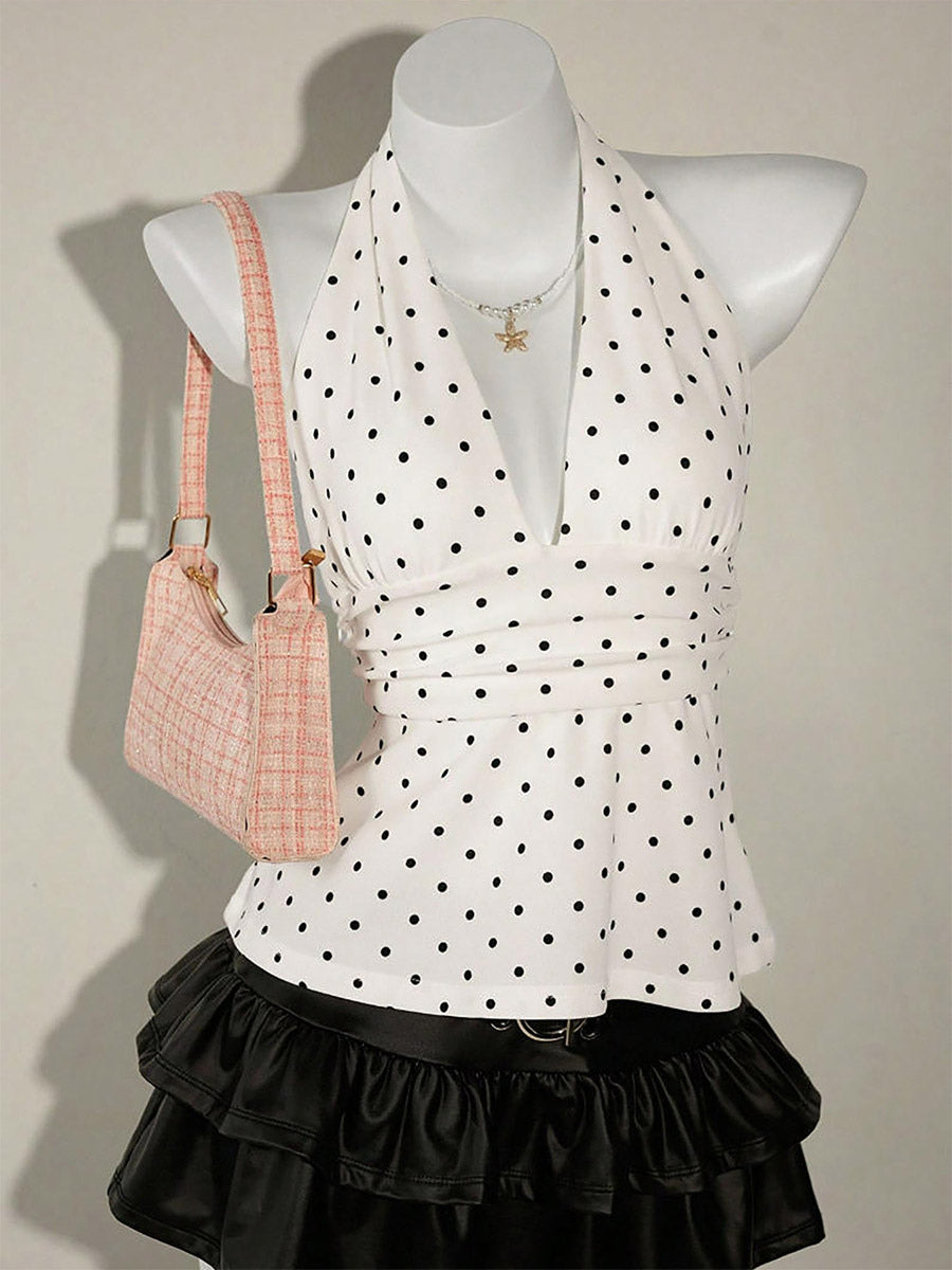 Black Cami Top Halter Lace Up Chic Polka Dot Camis For Women