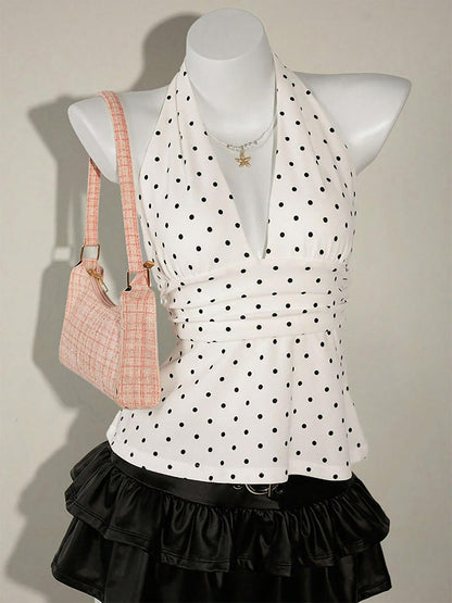 Black Cami Top Halter Lace Up Chic Polka Dot Camis For Women