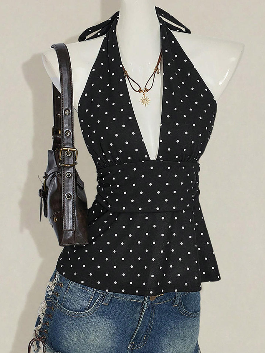 Black Cami Top Halter Lace Up Chic Polka Dot Camis For Women