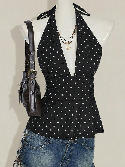 Black Cami Top Halter Lace Up Chic Polka Dot Camis For Women