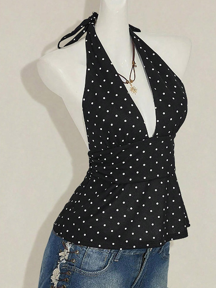 Black Cami Top Halter Lace Up Chic Polka Dot Camis For Women