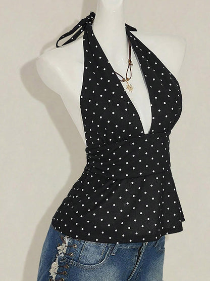 Black Cami Top Halter Lace Up Chic Polka Dot Camis For Women