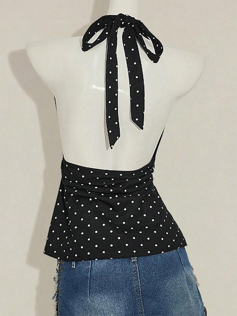 Black Cami Top Halter Lace Up Chic Polka Dot Camis For Women