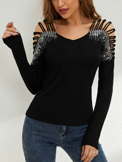 Long Sleeves Tees Black Cotton Clothes Rhinestones Cut Out V-Neck Women Tee Shirt