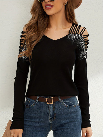 Long Sleeves Tees Black Cotton Clothes Rhinestones Cut Out V-Neck Women Tee Shirt