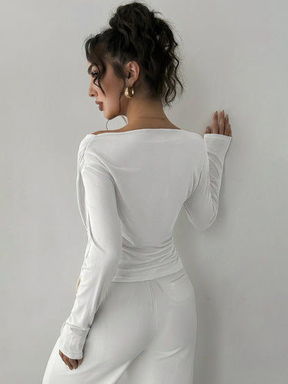 Long Sleeves Tees Black Asymmetrical Neck Polyester Tee Shirt For Women