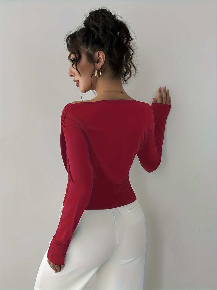 Long Sleeves Tees Black Asymmetrical Neck Polyester Tee Shirt For Women