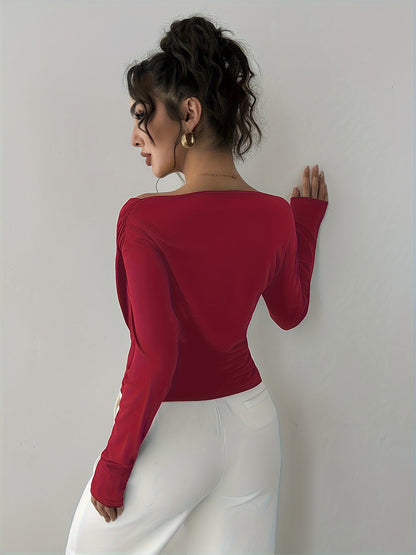 Long Sleeves Tees Black Asymmetrical Neck Polyester Tee Shirt For Women