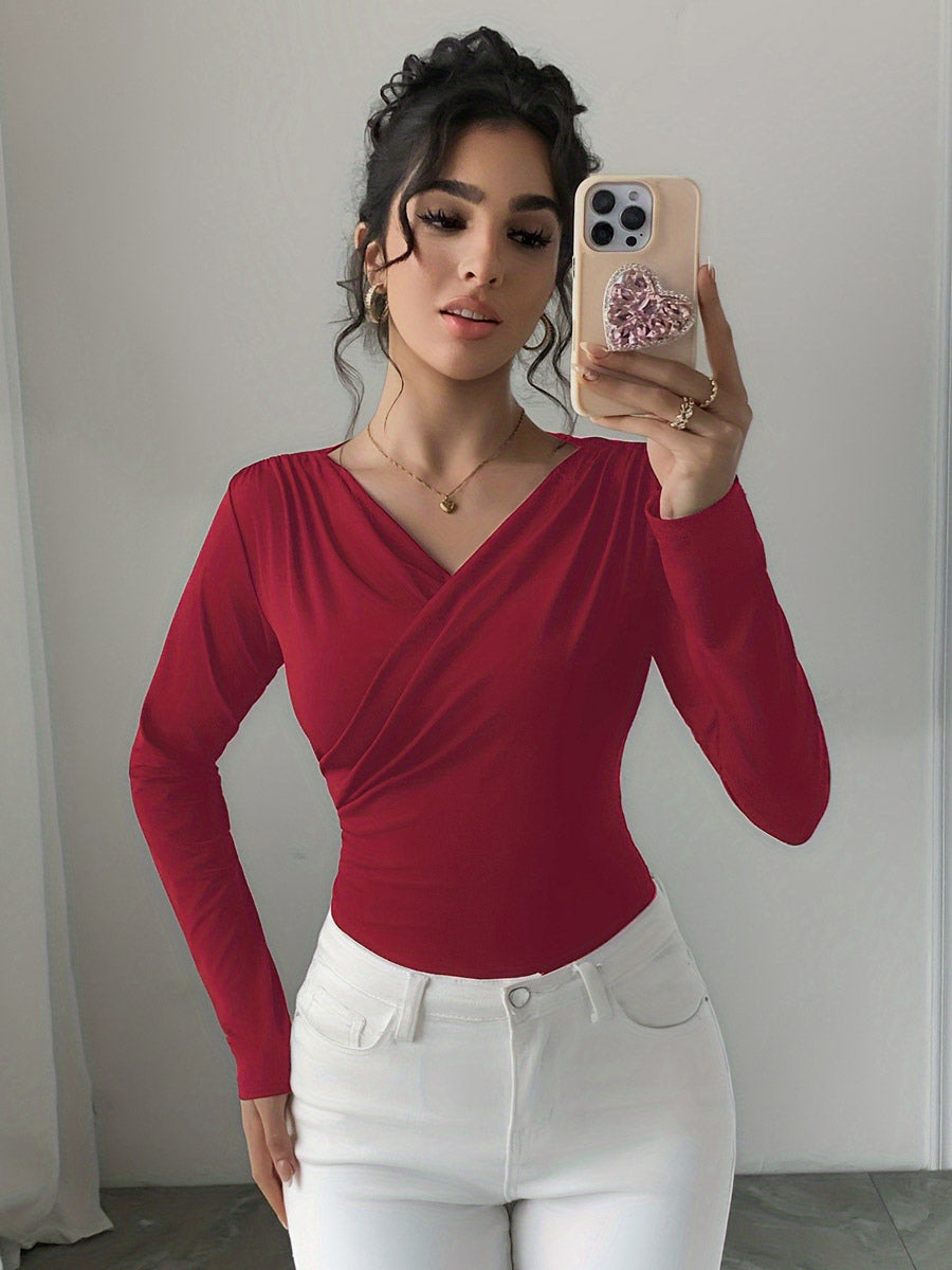 Long Sleeves Tees Black Asymmetrical Neck Polyester Tee Shirt For Women