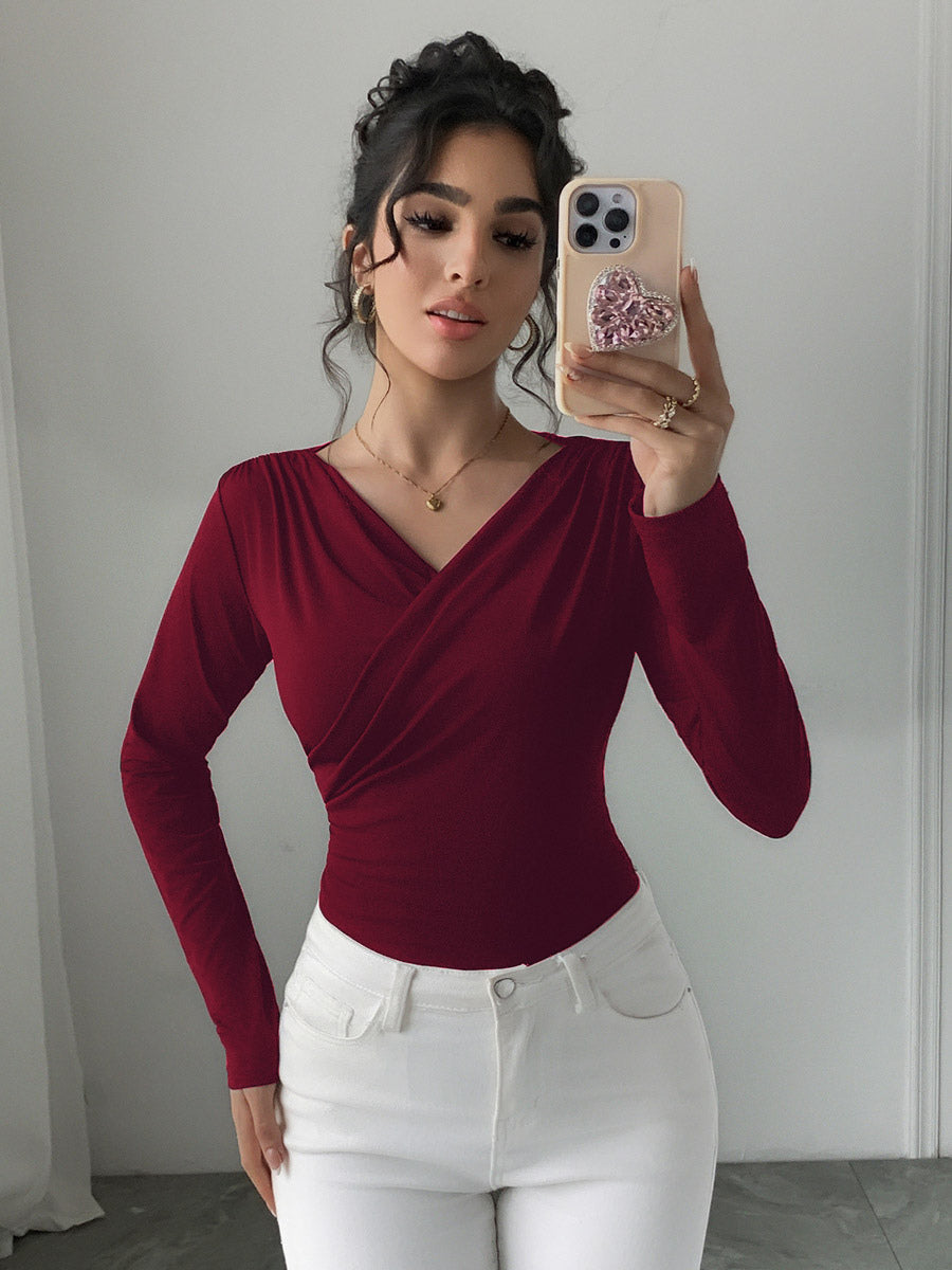 Long Sleeves Tees Black Asymmetrical Neck Polyester Tee Shirt For Women