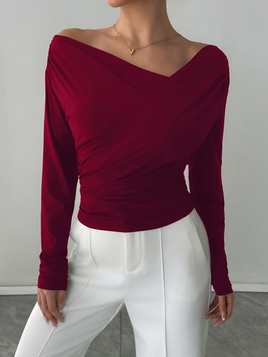 Long Sleeves Tees Black Asymmetrical Neck Polyester Tee Shirt For Women