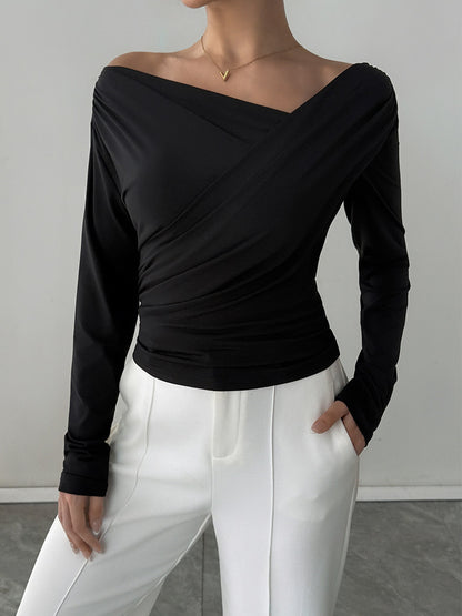 Long Sleeves Tees Black Asymmetrical Neck Polyester Tee Shirt For Women