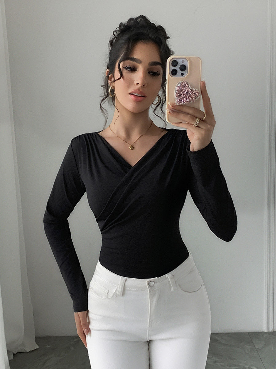 Long Sleeves Tees Black Asymmetrical Neck Polyester Tee Shirt For Women