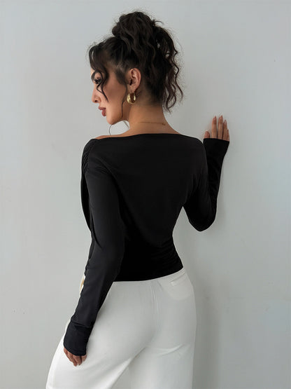 Long Sleeves Tees Black Asymmetrical Neck Polyester Tee Shirt For Women