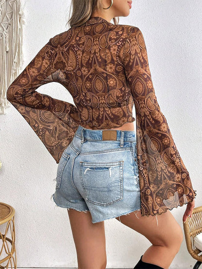 Long Sleeves Tees Brown Floral Print Stand Collar Polyester Women Tee