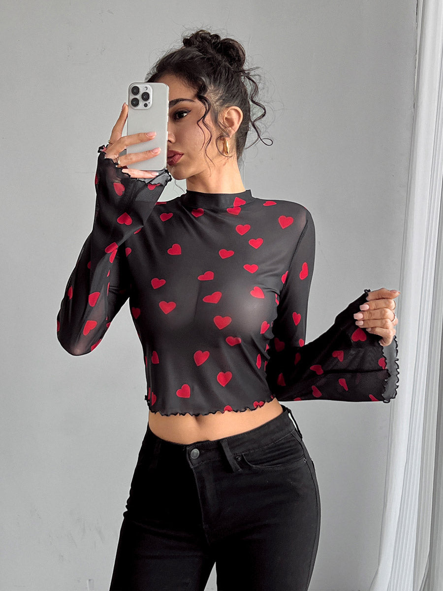 Long Sleeves Tees Brown Floral Print Stand Collar Polyester Women Tee