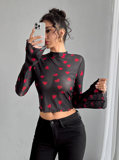 Long Sleeves Tees Brown Floral Print Stand Collar Polyester Women Tee