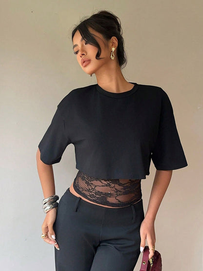 Short Sleeves Tees Black Lace High Collar Women T Shirt