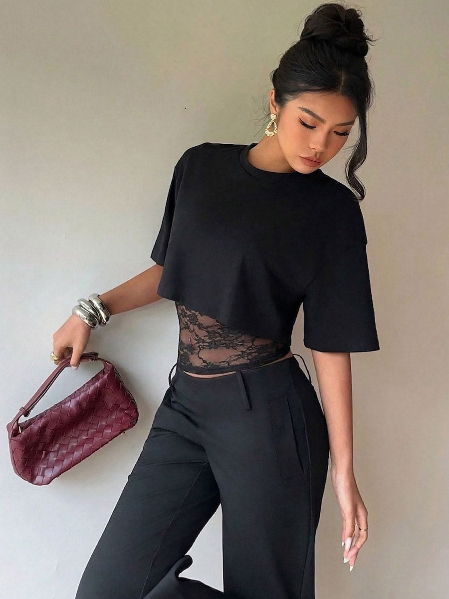 Short Sleeves Tees Black Lace High Collar Women T Shirt