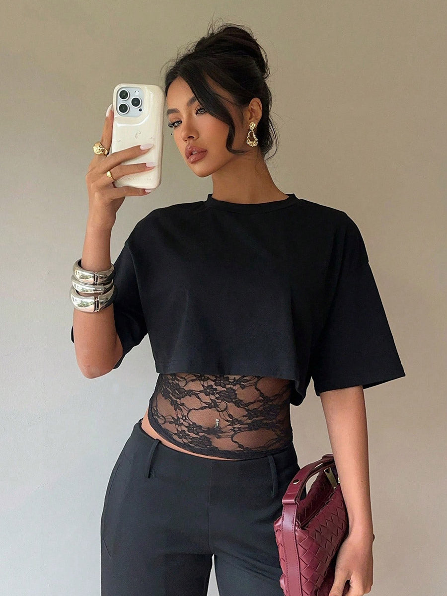 Short Sleeves Tees Black Lace High Collar Women T Shirt