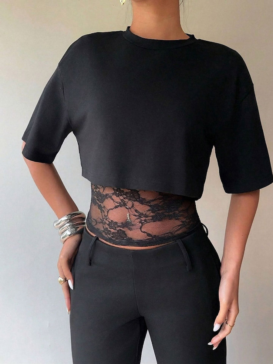Short Sleeves Tees Black Lace High Collar Women T Shirt