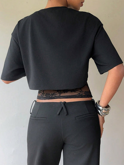 Short Sleeves Tees Black Lace High Collar Women T Shirt