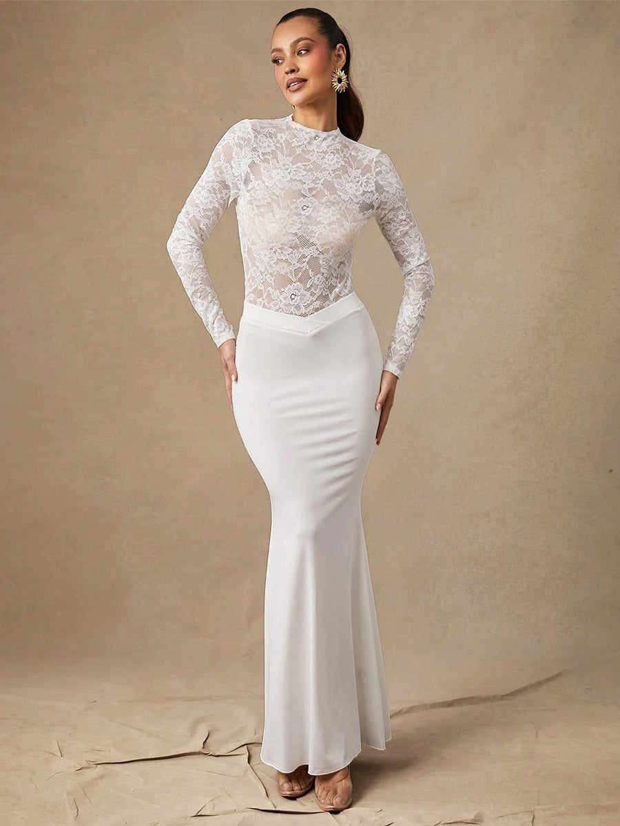 Women Crop Top White Nylon Lace Jewel Neck Long Sleeves Chic Tops