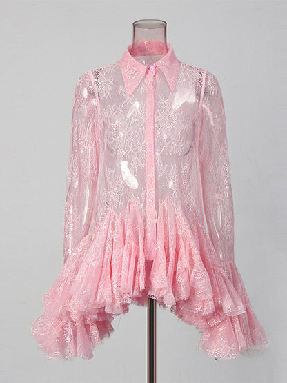 Blouse For Women Apricot Lace Ruffles Turndown Collar Elegant Long Sleeves Tops
