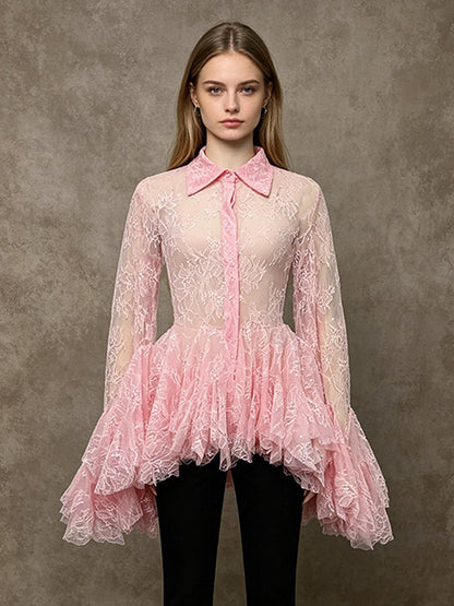 Blouse For Women Apricot Lace Ruffles Turndown Collar Elegant Long Sleeves Tops