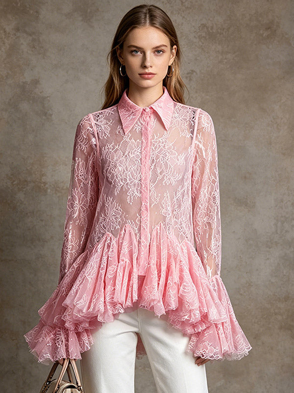 Blouse For Women Apricot Lace Ruffles Turndown Collar Elegant Long Sleeves Tops