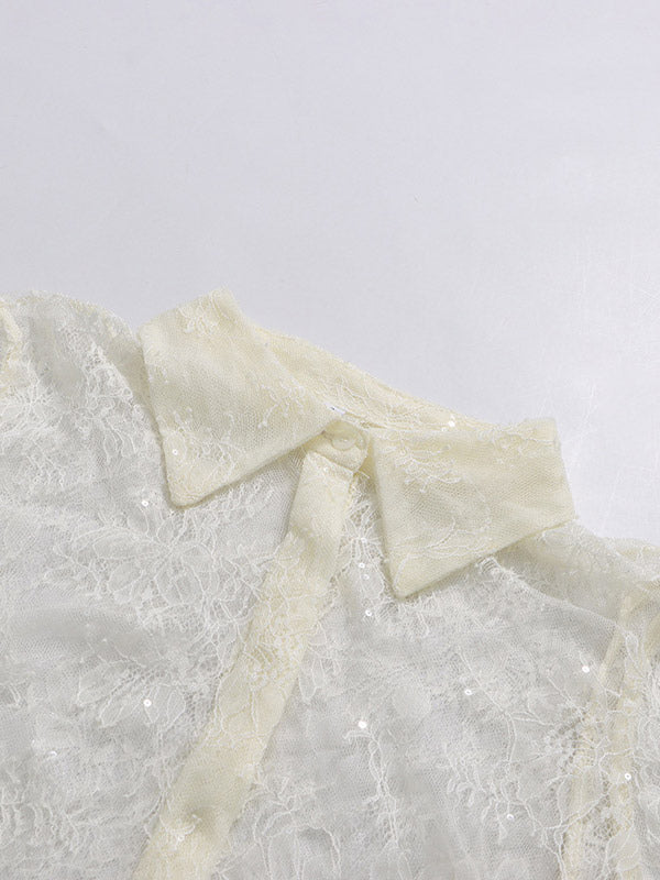 Blouse For Women Apricot Lace Ruffles Turndown Collar Elegant Long Sleeves Tops