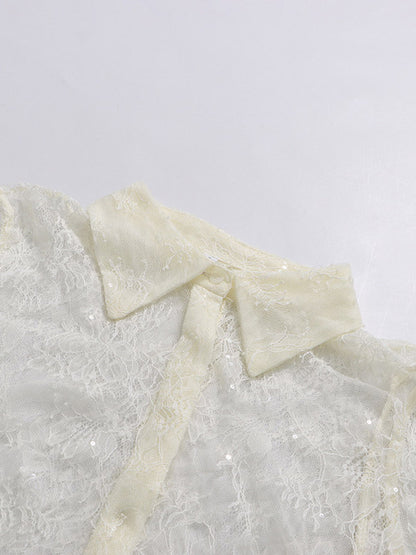 Blouse For Women Apricot Lace Ruffles Turndown Collar Elegant Long Sleeves Tops