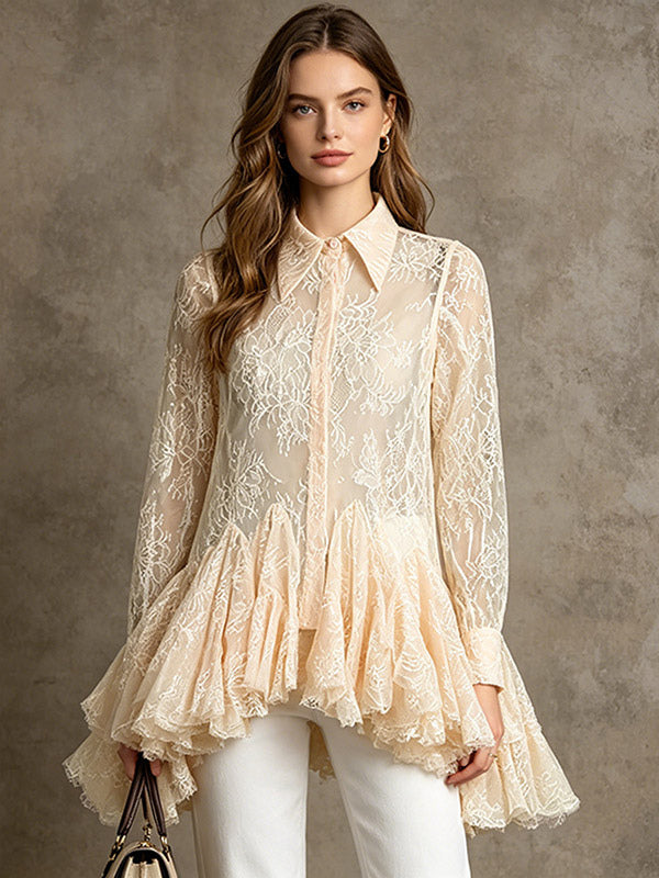 Blouse For Women Apricot Lace Ruffles Turndown Collar Elegant Long Sleeves Tops