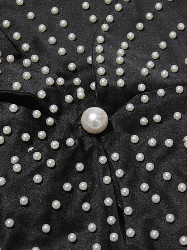 Women Crop Top Black Backless Flowers Pearls Halter Sleeveless Chic Tops