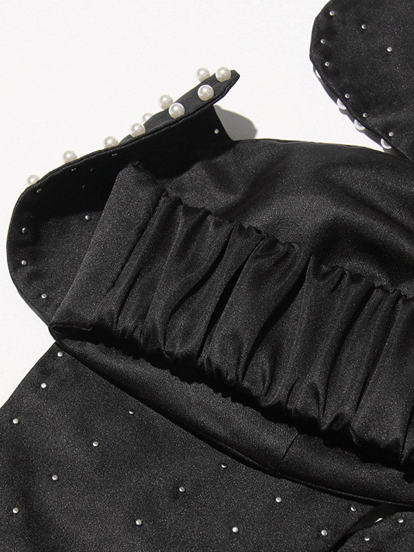 Women Crop Top Black Backless Flowers Pearls Halter Sleeveless Chic Tops