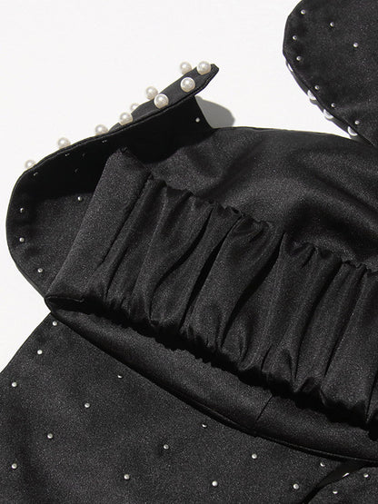 Women Crop Top Black Backless Flowers Pearls Halter Sleeveless Chic Tops