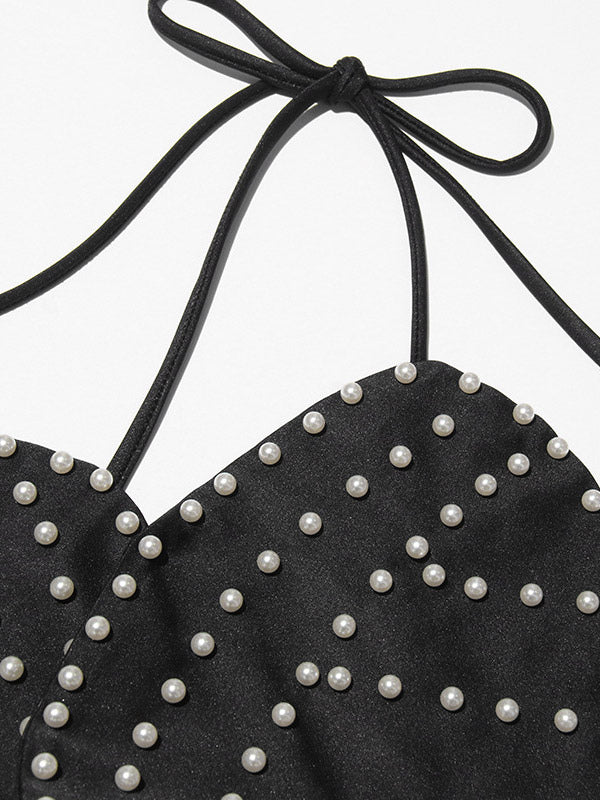 Women Crop Top Black Backless Flowers Pearls Halter Sleeveless Chic Tops