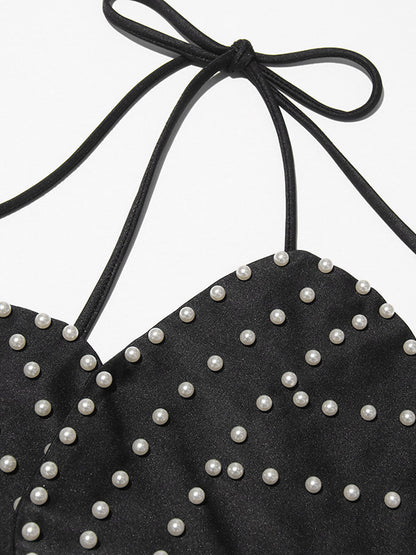 Women Crop Top Black Backless Flowers Pearls Halter Sleeveless Chic Tops