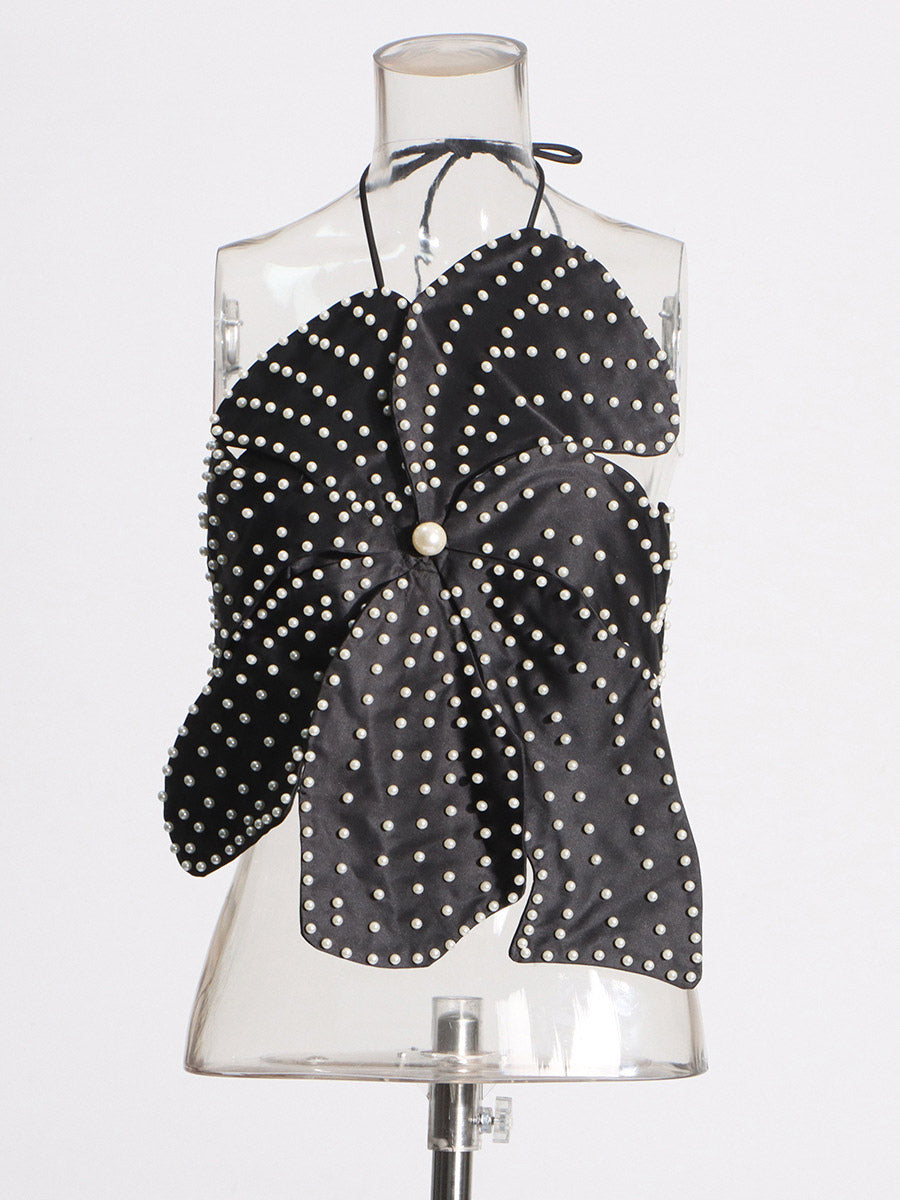 Women Crop Top Black Backless Flowers Pearls Halter Sleeveless Chic Tops