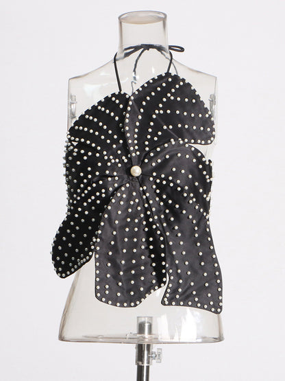 Women Crop Top Black Backless Flowers Pearls Halter Sleeveless Chic Tops