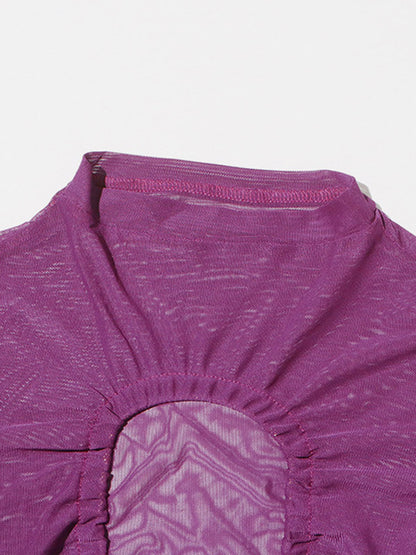 Women Crop Top Purple High Collar Casual Cut Out Rawstring Long Sleeves Tops