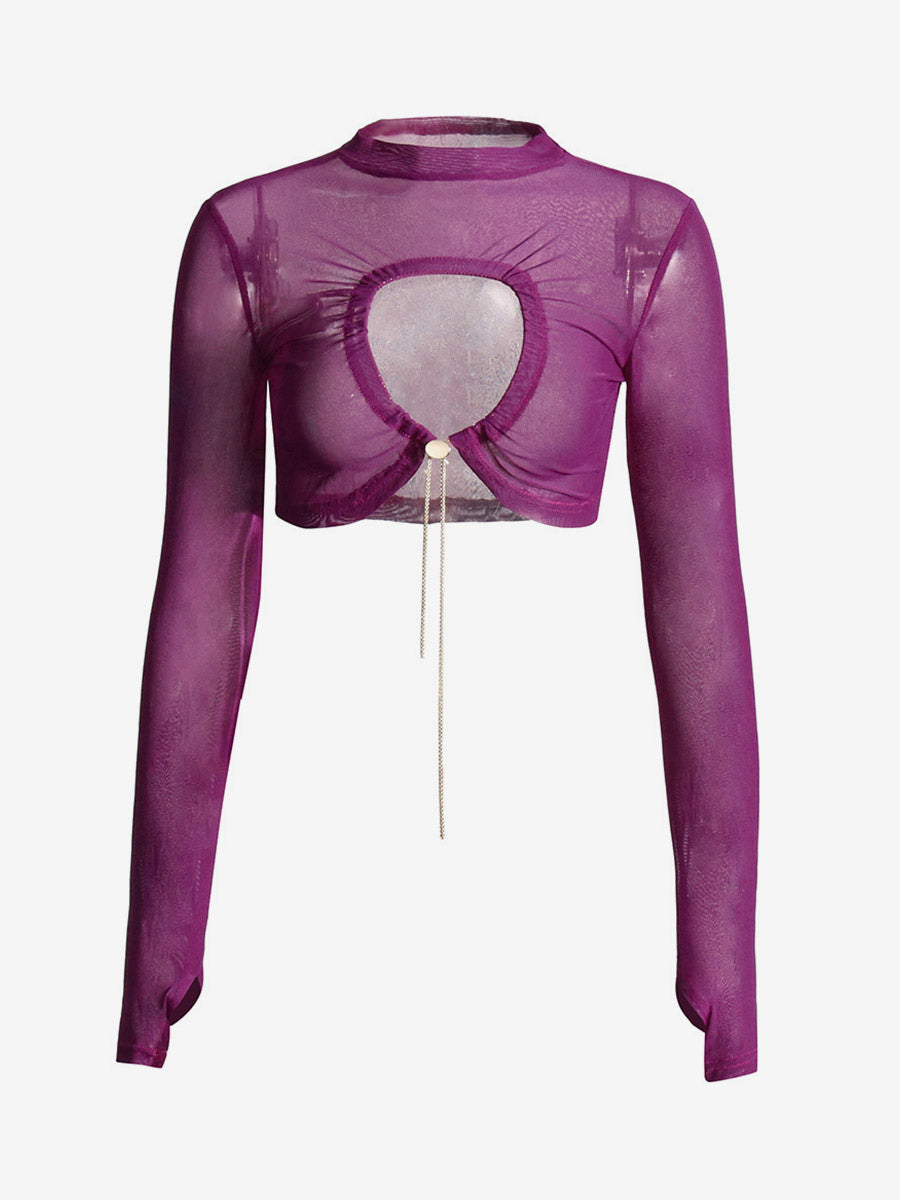 Women Crop Top Purple High Collar Casual Cut Out Rawstring Long Sleeves Tops