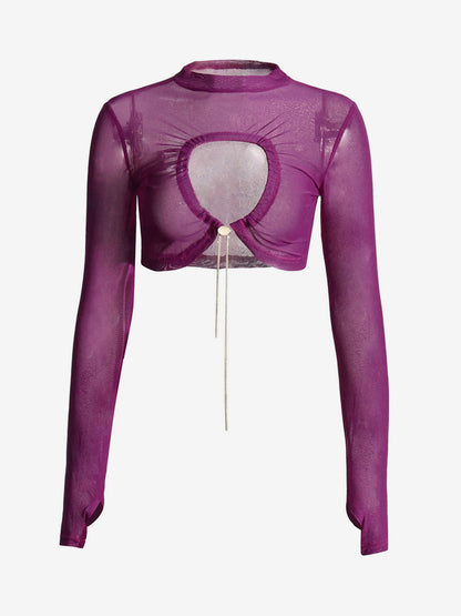 Women Crop Top Purple High Collar Casual Cut Out Rawstring Long Sleeves Tops