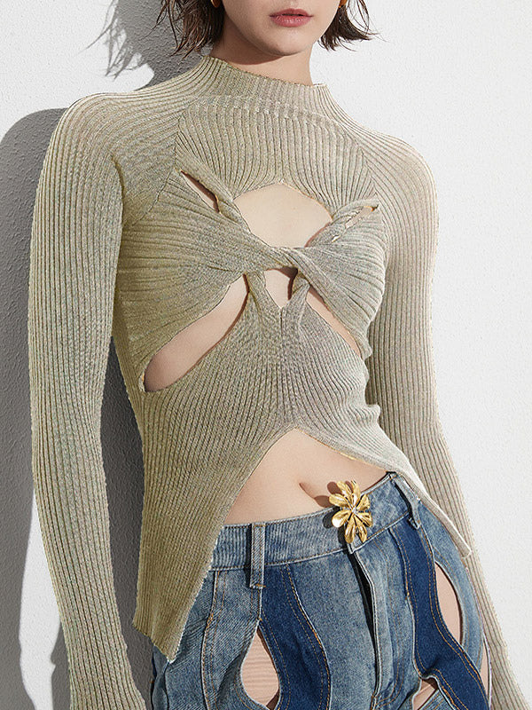 Long Sleeves Tees Black Cut Out Twisted High Collar T Shirt For Women