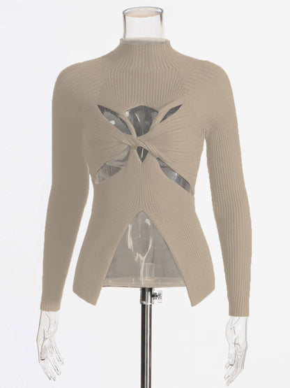 Long Sleeves Tees Black Cut Out Twisted High Collar T Shirt For Women